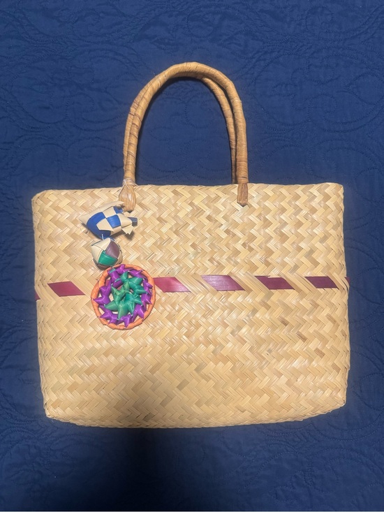 Handbags - Mexican Handwoven Natural Straw Tote Bag with Purple Accent